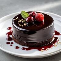 Chocolate cake with chocolate cream layers and a glossy berry glaze that reflects light like glass. photo