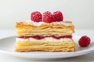 Slice of Puff pastry with cream and raspberry jam, where each layer is distinctly separated and visible. photo