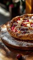 A freshly baked cherry pie with a golden crust, topped with a layer of toasted almond slivers. photo