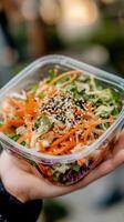 A grab-and-go craft eco-friendly container with a vibrant Asian salad made of finely shredded cabbage, julienned carrots, a sprinkle of sesame seeds and a drizzle of teriyaki sauce in a hand. photo