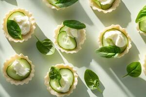 A arrangement of spring mini tarts, each filled with creamy ricotta cheese, fresh spinach leaves, and thinly sliced cucumbers. photo