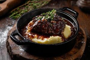 An open pie with tender beef, rich red wine sauce, and a layer of creamy mashed potatoes, served in a well-worn cast-iron pot. photo