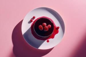 Chocolate cake with smooth, velvety chocolate cream layers and a perfectly glossy berry glaze that reflects light like glass. photo