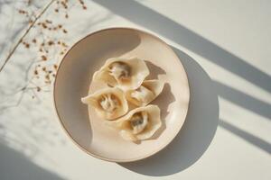 Tasty dumplings with a mushroom filling, served on a handcrafted ceramic plate. A clean, light background with shadows. photo