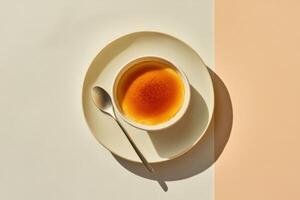 Delicious creme brulee with caramelized crust in a warm light. photo