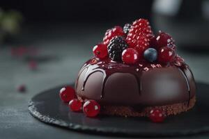 Chocolate cake with chocolate cream layers and a perfectly glossy berry glaze that reflects light like glass. photo