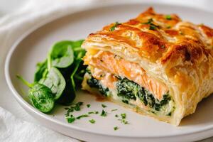 A salmon and spinach pie with a crust, cut into a neat slice and drizzled with a vibrant lemon sauce. photo