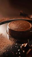 A smooth chocolate mousse with a flawless, reflective mirror glaze, placed elegantly on a polished mirror tray. photo