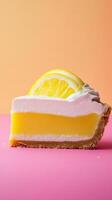 A lemon pie composed of multiple layers, crisp cookie base, velvety cream, and zesty lemon curd. photo