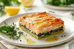 A salmon and spinach pie with a flaky crust, cut into a neat slice and drizzled with a vibrant lemon sauce. photo