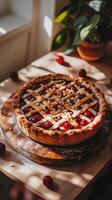 Tasty cherry pie with a golden, flaky crust, topped with a delicate layer of toasted almond slivers. photo