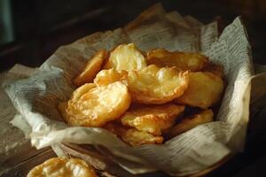 A traditional serving of English fish and chips presented in a rustic, folded piece of faux newspaper, styled for authenticity. photo