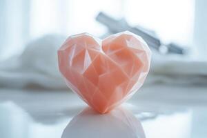 A minimalistic pink heart precision-crafted with 3D printing technology. Geometric patterns unique to 3D printing. photo