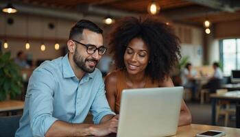 A man and woman are looking at a laptop together photo