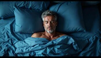 A man sleeping in bed with blue sheets photo