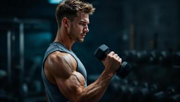 A man is lifting weights in a gym photo