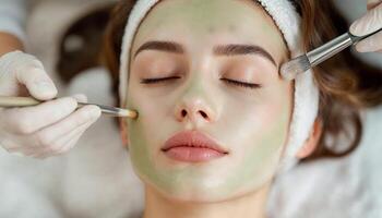 A woman getting facial treatment with green clay mask photo