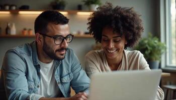 A man and woman are looking at a laptop photo