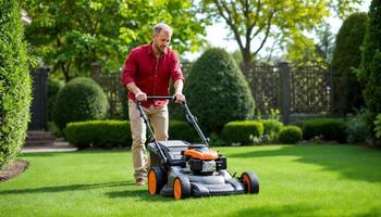 Man using lawn mower photo
