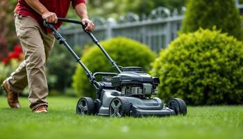 A man is mowing the lawn with a lawn mower photo