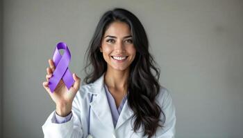 A woman in a lab coat holding up a purple ribbon photo