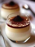 Velvety Bavarian cream layered in a glass, topped with a luscious chocolate sauce and a sprinkle of cocoa, offers a decadent treat perfect for dessert lovers at a celebratory gathering photo