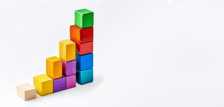 Vibrant wooden blocks are arranged in an ascending formation, reflecting growth and creativity. This playful display invites engagement and imaginative fun for children of all ages photo