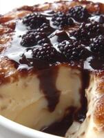 Indulge in a creamy bavarian dessert adorned with rich chocolate sauce and topped with succulent blackberries. This sweet masterpiece is perfect for any occasion photo