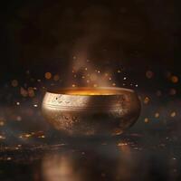 A single Tibetan singing bowl rests on a dark surface, emanating soft light and surrounded by glowing particles, creating a serene atmosphere perfect for meditation photo