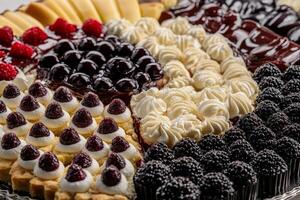 A beautiful display of assorted desserts featuring blackberry tarts, creamy pastries, and rich chocolate treats elegantly arranged on a silver tray. Perfect for a festive gathering photo