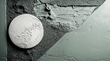 A textured concrete surface showcases a combination of abstract shapes, including a circular element and angular patterns, creating a contemporary aesthetic. The muted tones evoke an industrial feel photo