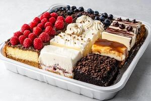 A beautifully arranged tray showcases a variety of desserts, including creamy slices, fruity toppings, and chocolate drizzles. The vibrant raspberries add a fresh touch, inviting indulgence photo