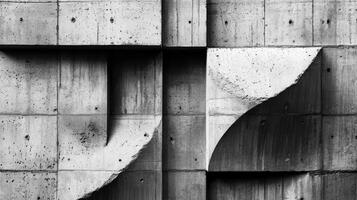 Textured concrete surface featuring an arrangement of smooth and rough areas, displaying a monochromatic palette that highlights geometric shapes and contrasts in size and depth photo
