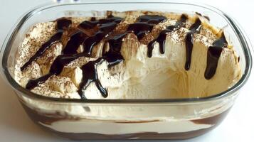 A luscious dessert of bavarian cream elegantly layered with silky chocolate sauce, topped with a touch of cocoa, perfect for satisfying sweet cravings at any gathering photo