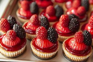A delightful assortment of blackberry tarts stands proudly on a dessert tray, showcasing rich red and vibrant berries atop a creamy base, perfect for any gathering or special occasion photo