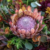 This stunning close-up features a king protea bloom, beautifully highlighted in shades of pink. Surrounded by rich foliage, it captures the essence of nature's artistry in a serene garden moment photo