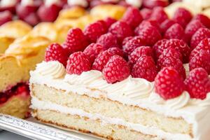 A lavish tray features an array of decadent desserts, prominently displaying a raspberry cake adorned with plump, fresh raspberries. Sweet treats await indulgence photo