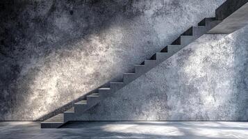 A unique textured concrete wall features a modern staircase that ascends gracefully. The interplay of light and shadow enhances the minimalist design, creating a striking visual effect photo