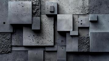 Intricate patterns of textured concrete form a dynamic abstract design, highlighting varying shapes, sizes, and surfaces in a monochromatic palette, capturing a contemporary aesthetic photo