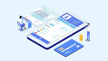 Digital Insurance Isometric Flat Motion Graphic Animation. Tiny people using laptop and mobile app for digital insurance. video