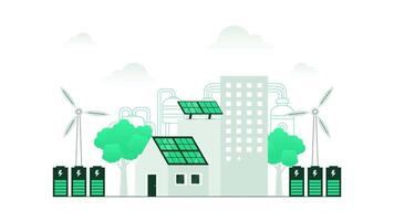 Distributed energy generation concept. Sustainable power from solar panels and wind turbines, stored in central battery for electricity distribution. Motion graphic with minimalist color. video