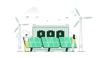 Clean energy from renewable sources sun and wind. Power plant station with solar panels and wind turbine. Nature Background. Motion graphic animation with minimalist color. video