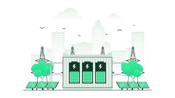 Smart power grid system with renewable energy sources. Includes solar panels, wind turbines, battery storage, electricity transmission grid. Motion graphic animation with minimalist color. video