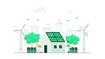 House with independent power source supply. Green and renewable energy from solar panels and wind turbines. Motion graphic animation with minimalist color. video