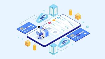 Mobile Transfer Isometric Flat Motion Graphic Animation. Tiny People Using Laptop and Mobile App to do transaction on the table. video