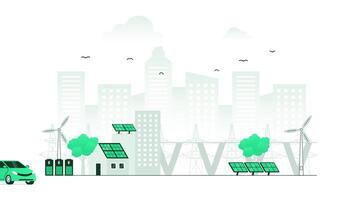 Sustainable city power with green infrastructure planning. Alternative electricity from CO2 free wind turbines. Motion graphic animation of ecological urban organization with minimalist color. video