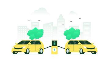 Electric vehicle charging with plugged socket. Green cars powered by alternative energy, emitting zero emissions. Motion graphic animation with minimalist color. video