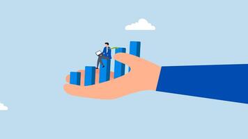 Business support, 4k animation of intelligent entrepreneur using computer on expansion chart in enormous hand. video