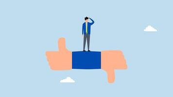 Performance evaluation, 4k animation of considerate entrepreneur reflecting on thumbs up and thumbs down responses. video