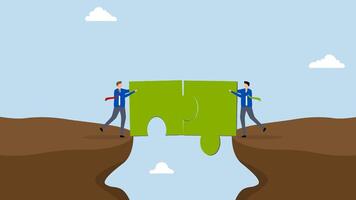 teamwork to solve problem together, 4k animation of Business professionals link jigsaw pieces to create a bridge that spans the divide. video